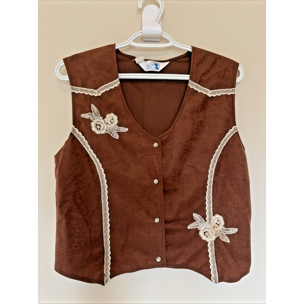 Vintage Miss Rodeo‎ America Brown Lace Embroidery Pearl Snap Vest Juniors 13/14